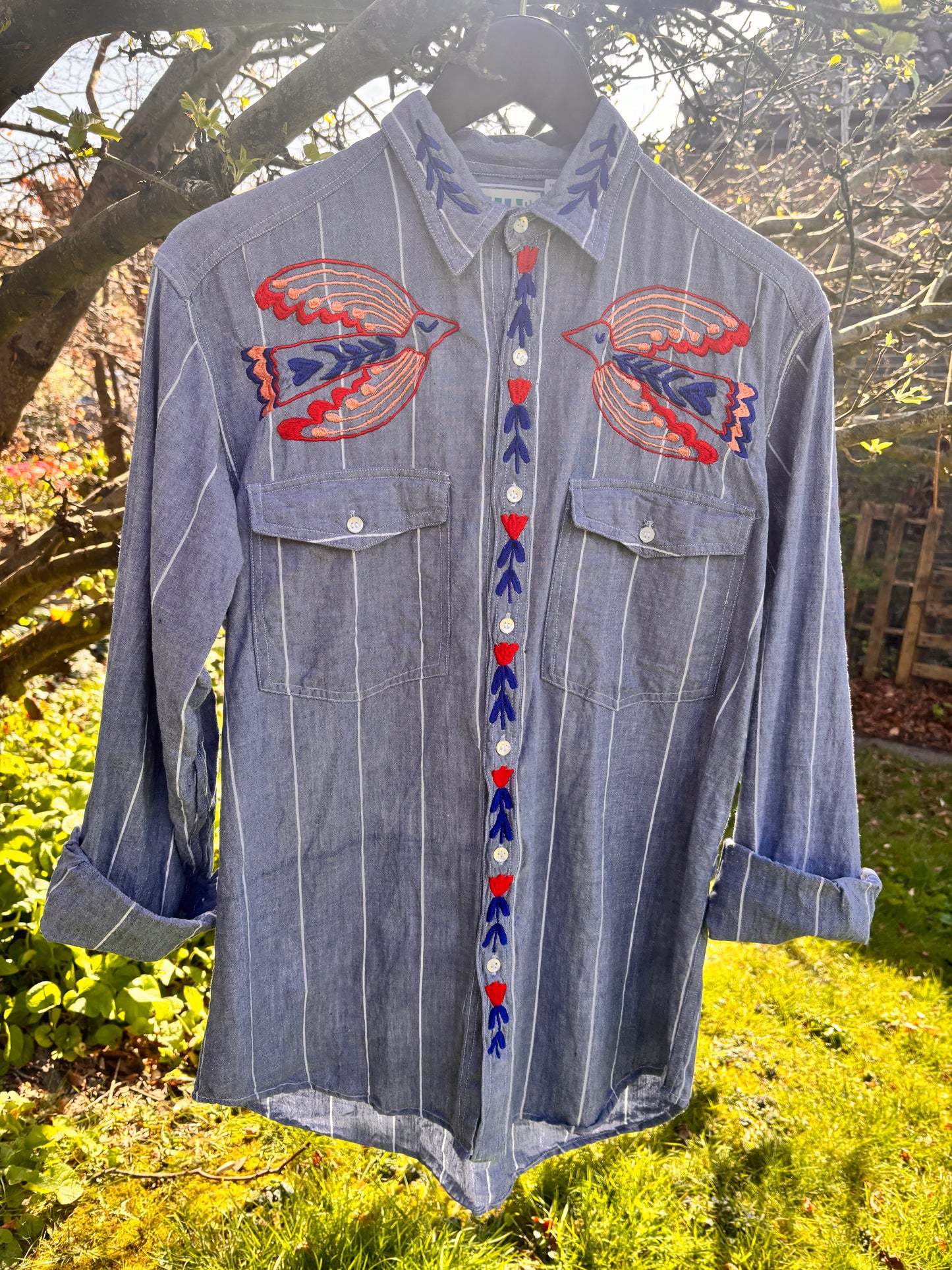 One-of-a-Kind Hand Guided Embroidered Folk Bird Shirt