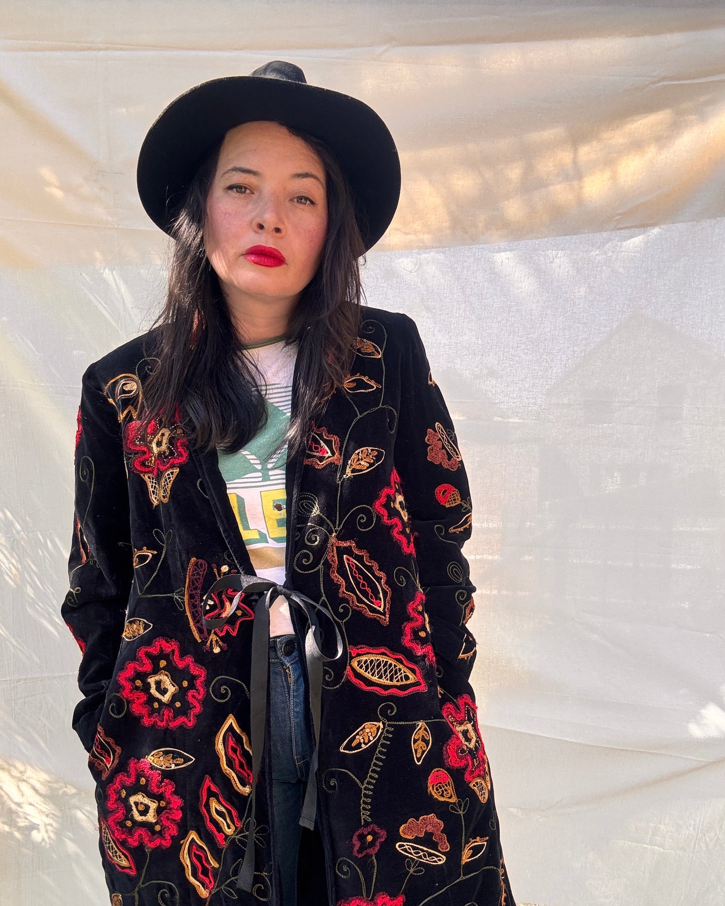Vintage Black Velvet Embroidered Boho Coat