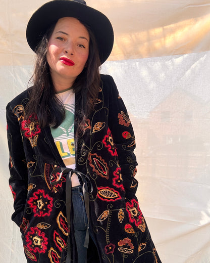 Vintage Black Velvet Embroidered Boho Coat
