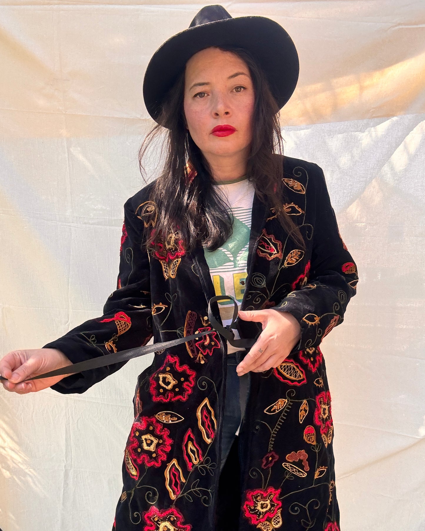 Vintage Black Velvet Embroidered Boho Coat