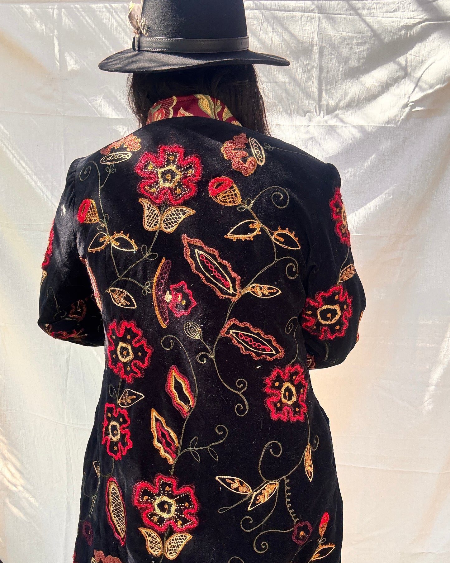 Vintage Black Velvet Embroidered Boho Coat