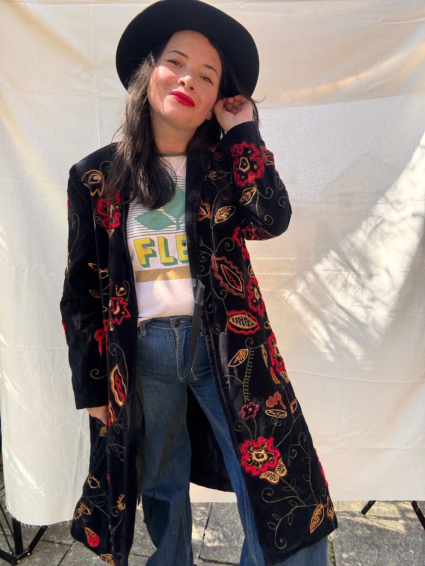 Vintage Black Velvet Embroidered Boho Coat