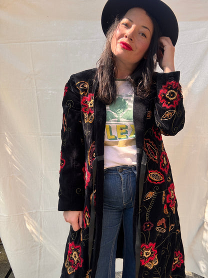 Vintage Black Velvet Embroidered Boho Coat