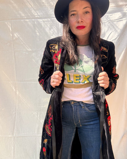 Vintage Black Velvet Embroidered Boho Coat