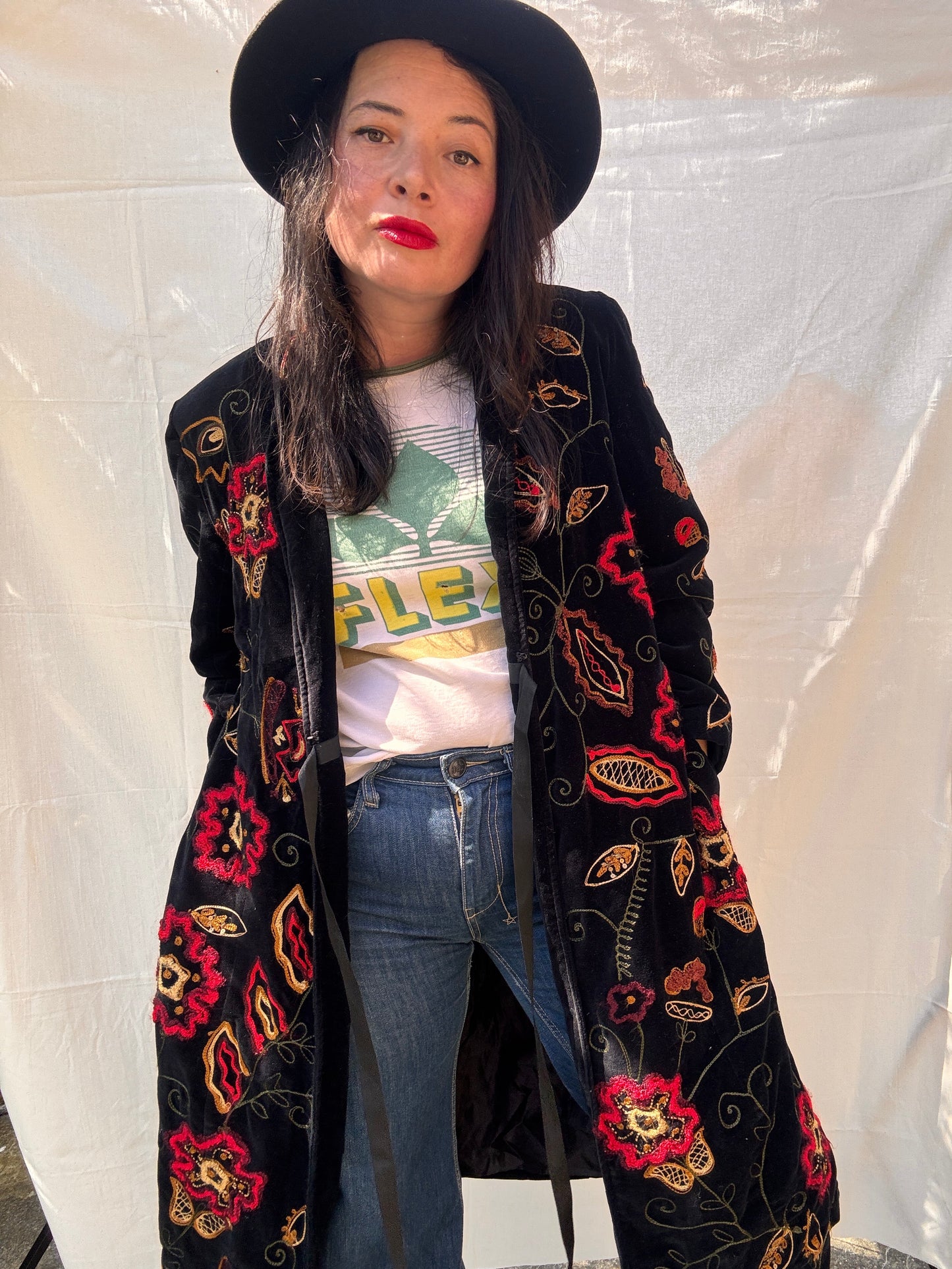 Vintage Black Velvet Embroidered Boho Coat