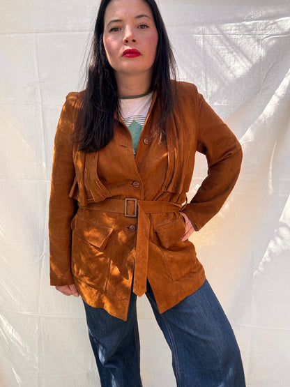 Vintage 1970s Western Suede Jacket Belted Tan Leather Coat