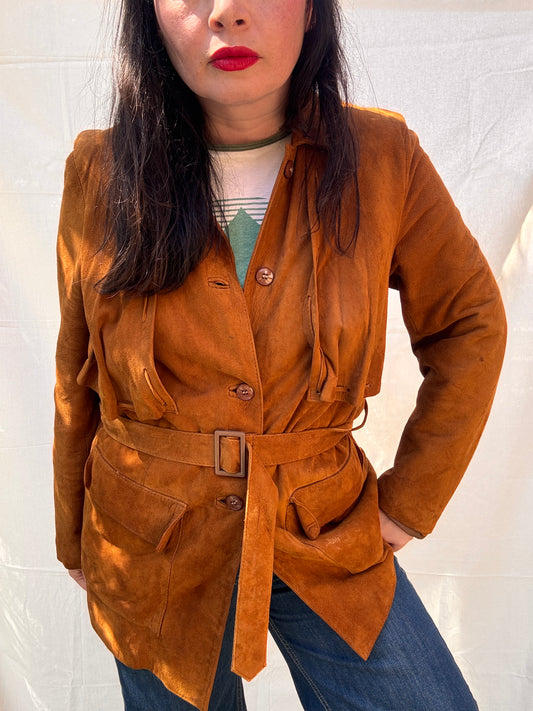 Vintage 1970s Western Suede Jacket Belted Tan Leather Coat