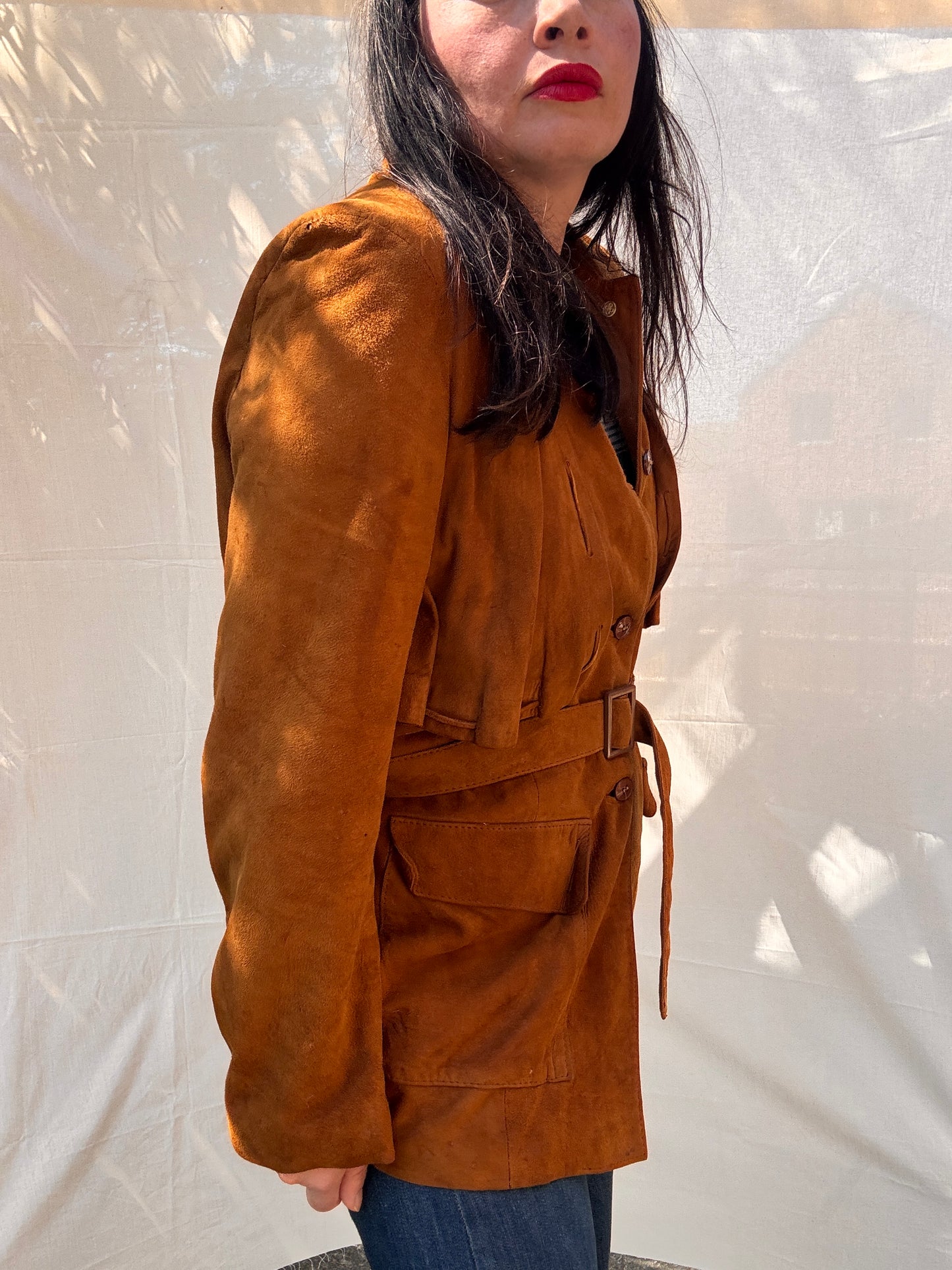 Vintage 1970s Western Suede Jacket Belted Tan Leather Coat