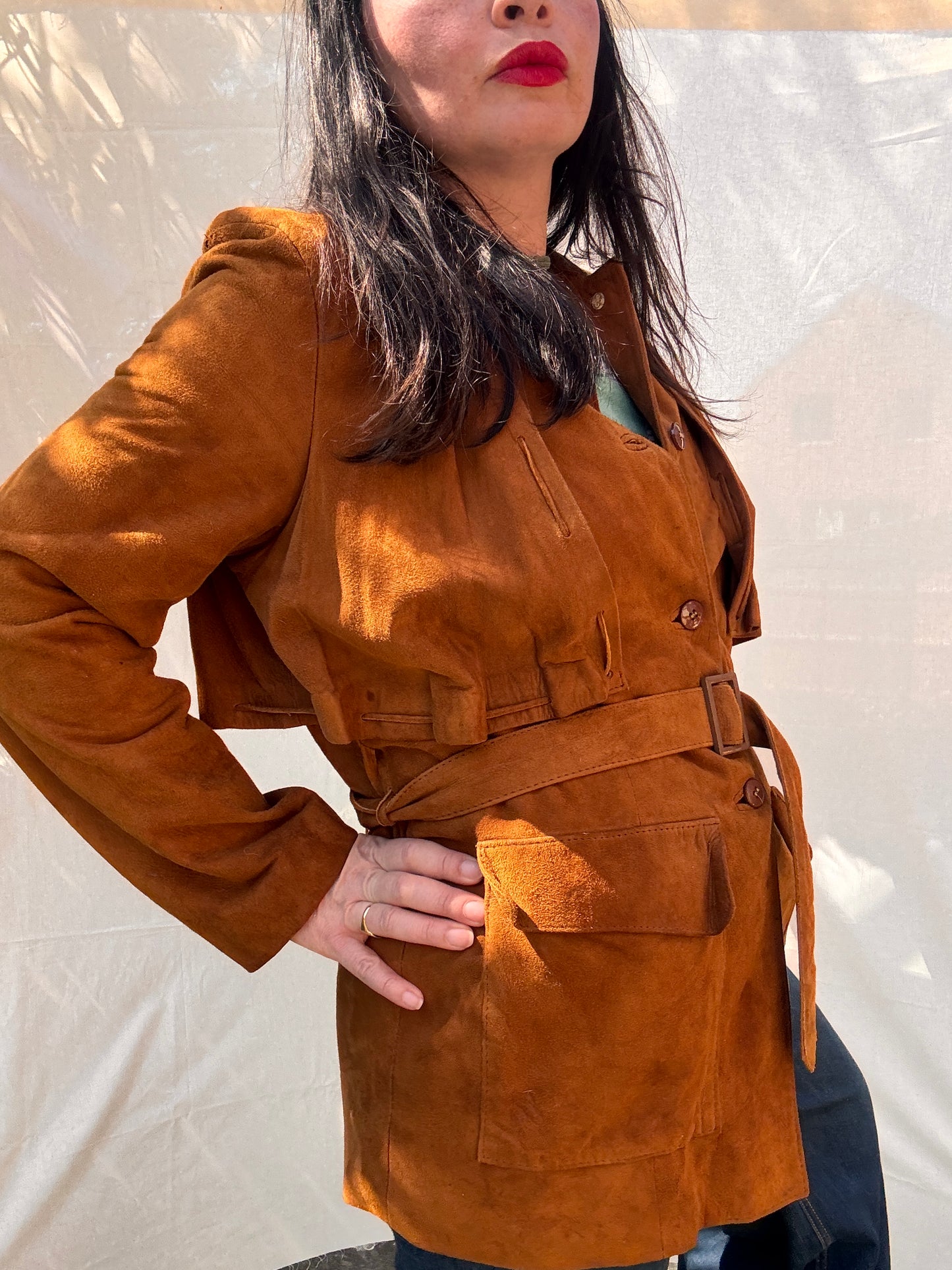 Vintage 1970s Western Suede Jacket Belted Tan Leather Coat