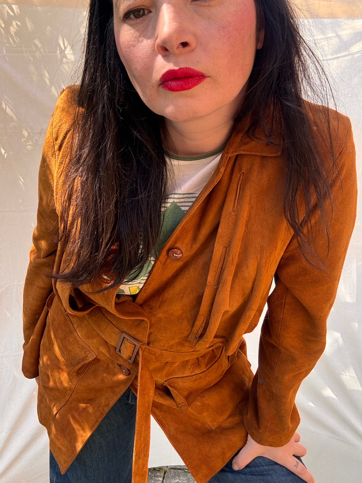 Vintage 1970s Western Suede Jacket Belted Tan Leather Coat
