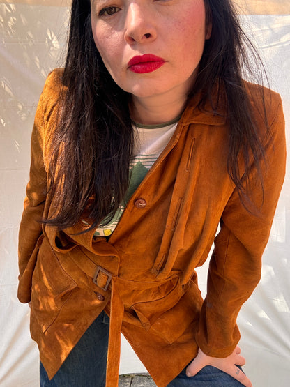 Vintage 1970s Western Suede Jacket Belted Tan Leather Coat