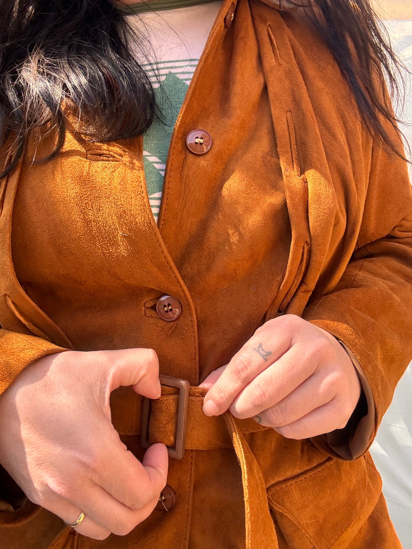 Vintage 1970s Western Suede Jacket Belted Tan Leather Coat