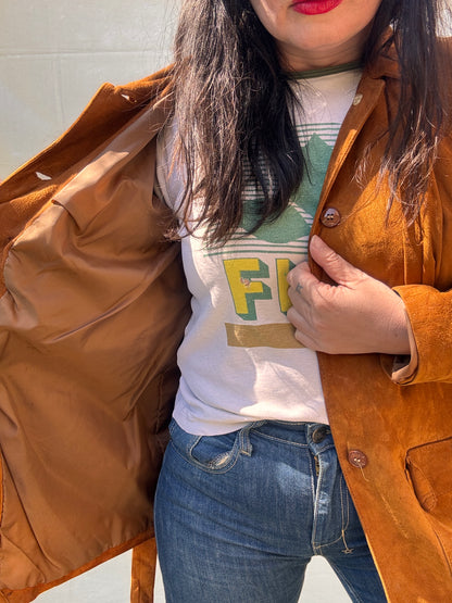 Vintage 1970s Western Suede Jacket Belted Tan Leather Coat