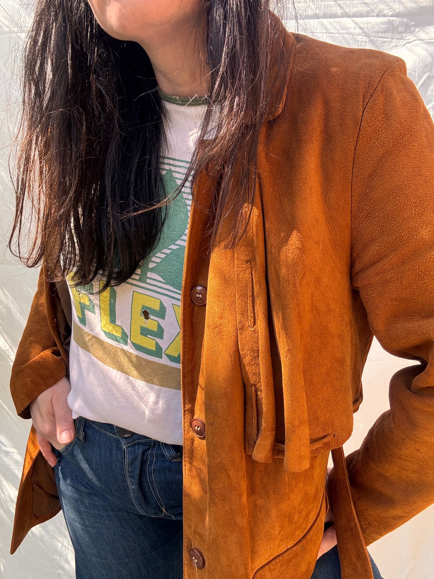 Vintage 1970s Western Suede Jacket Belted Tan Leather Coat
