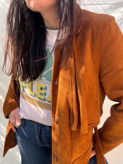 Vintage 1970s Western Suede Jacket Belted Tan Leather Coat
