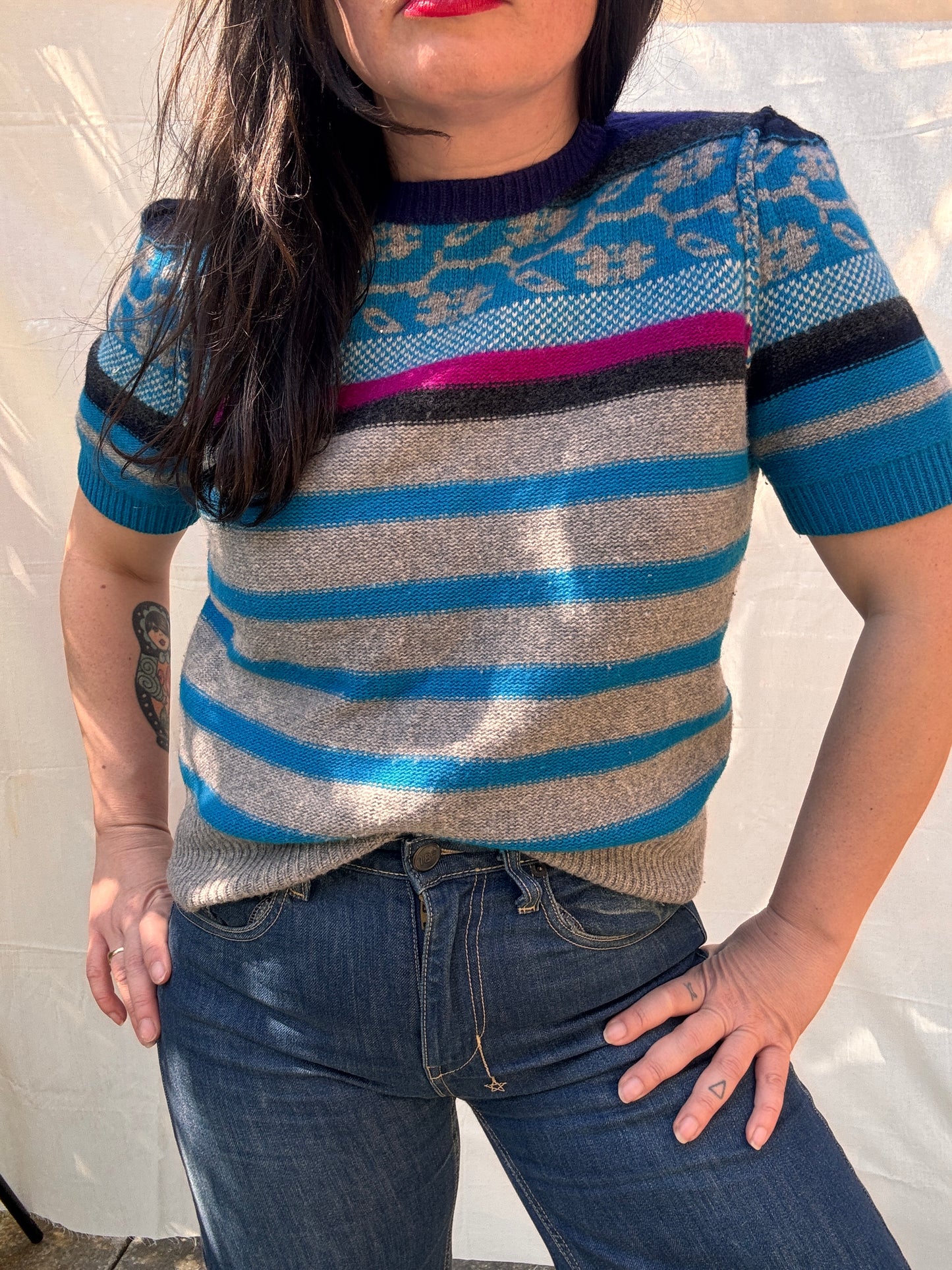 Sonia Rykiel Short Sleeved Blue Striped Knit