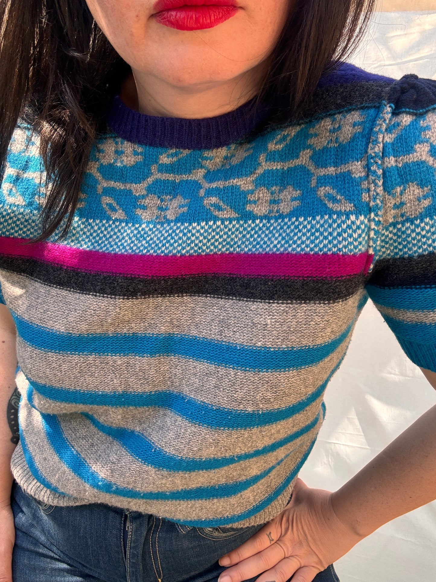Sonia Rykiel Short Sleeved Blue Striped Knit