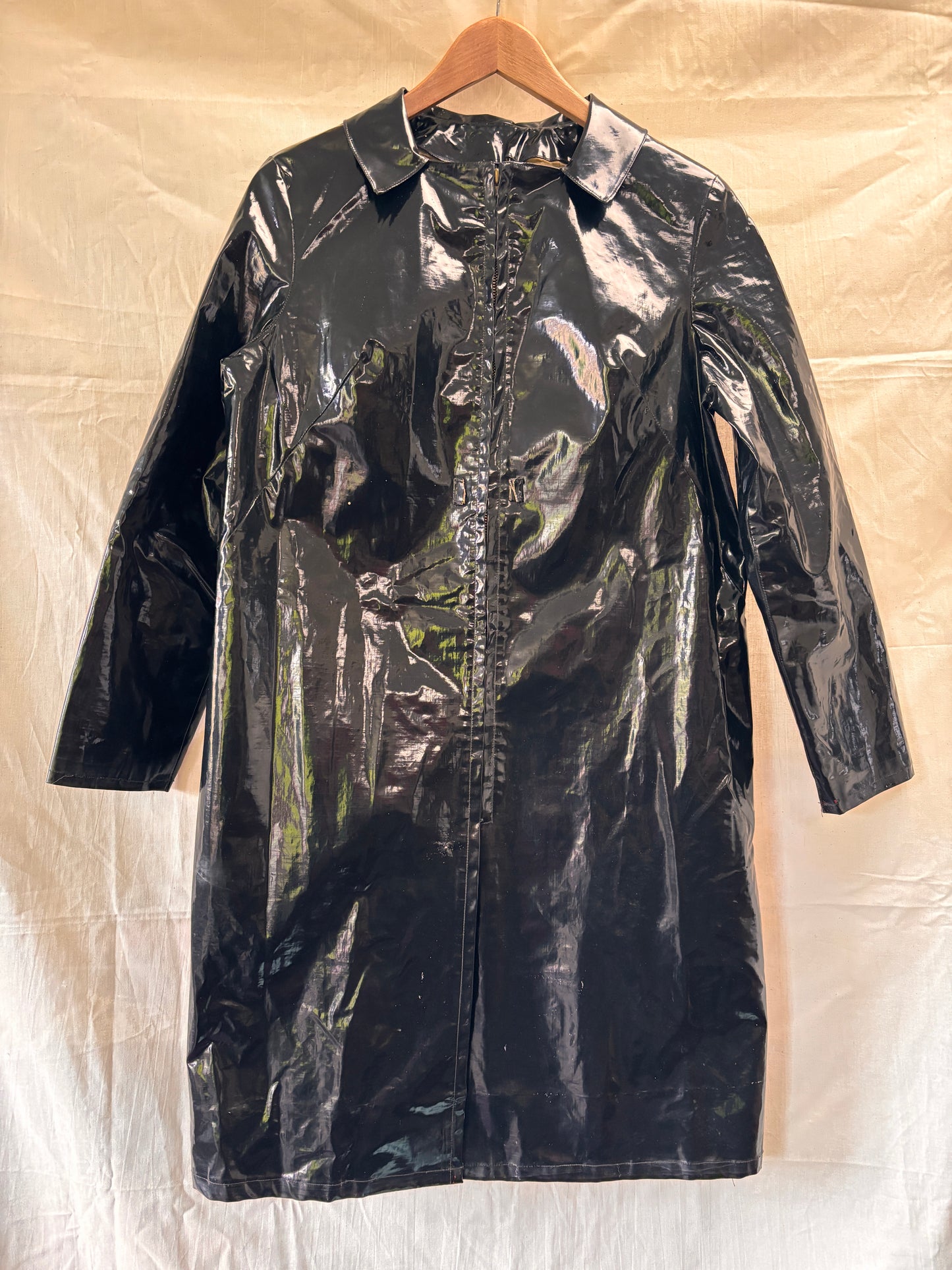 Front view of 1960s Mary Quant Black PVC Vinyl Raincoat | Mod Vintage Coat