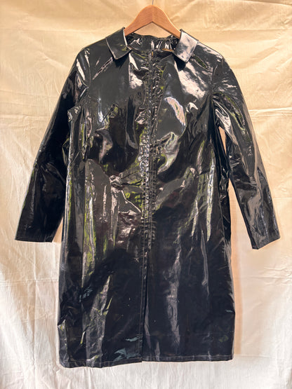 Front view of 1960s Mary Quant Black PVC Vinyl Raincoat | Mod Vintage Coat