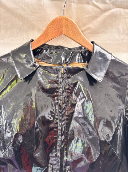 close up of collar of 1960s Mary Quant Black PVC Vinyl Raincoat | Mod Vintage Coat