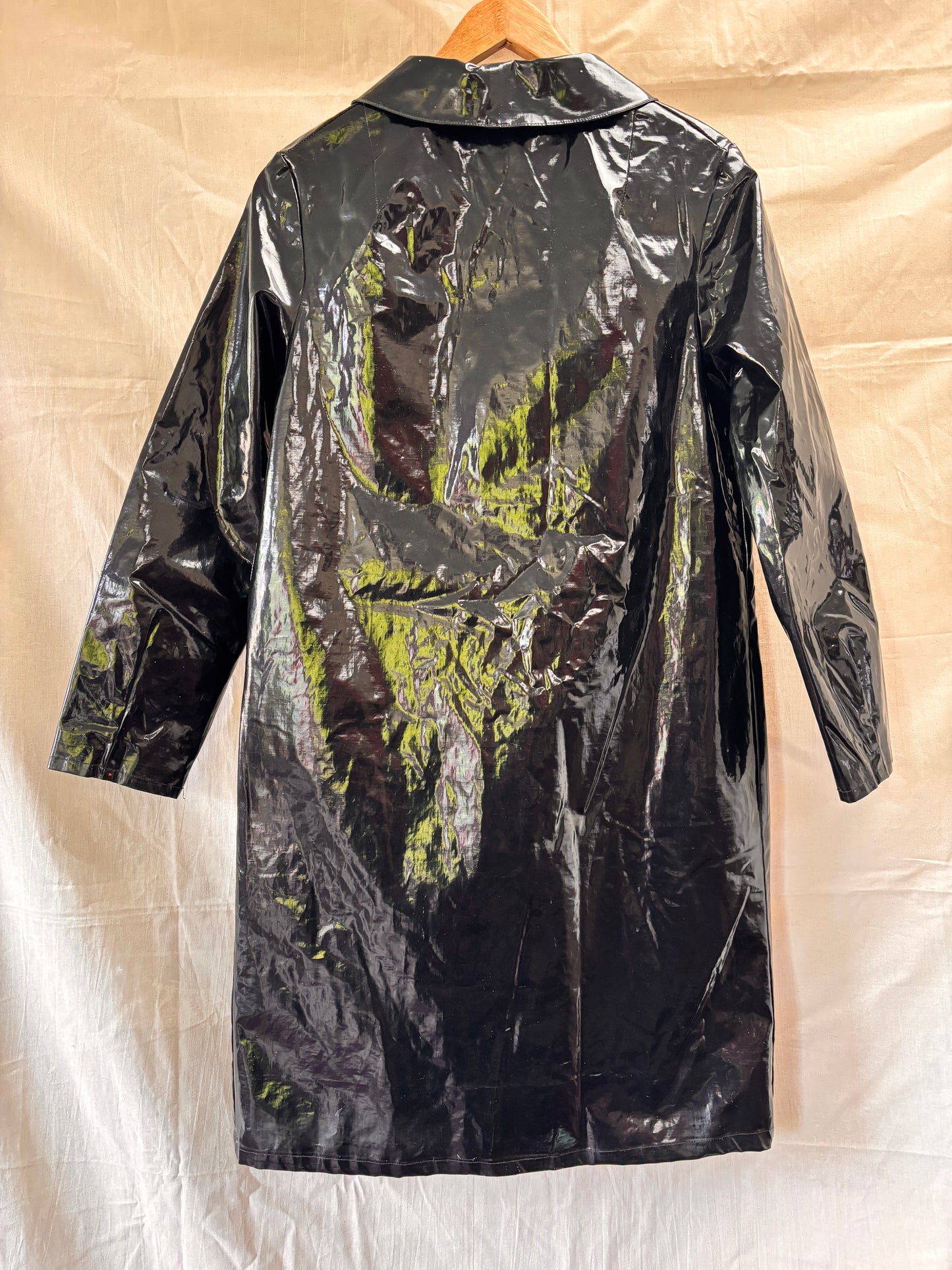 Back view of 1960s Mary Quant Black PVC Vinyl Raincoat | Mod Vintage Coat