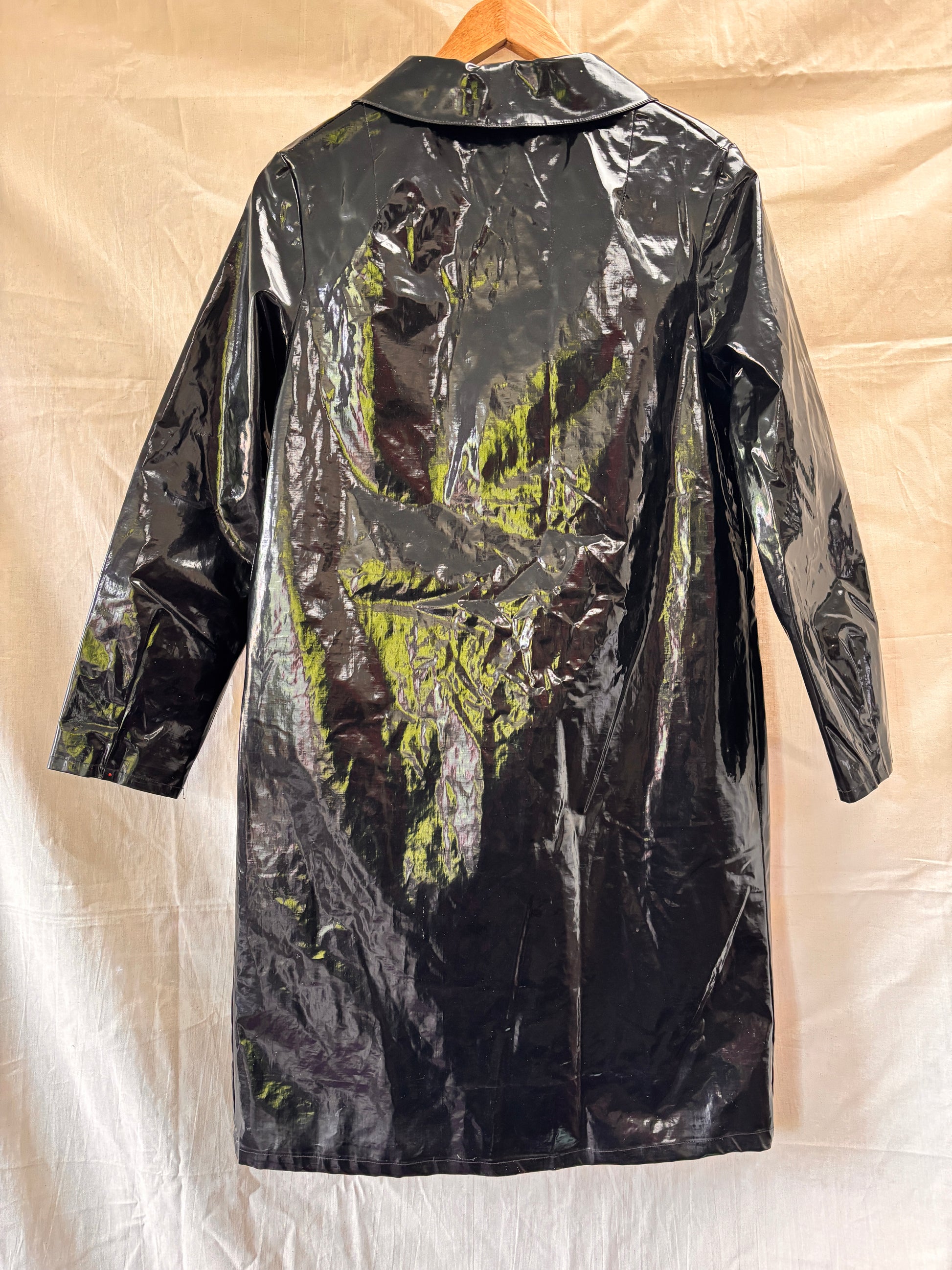 Back view of 1960s Mary Quant Black PVC Vinyl Raincoat | Mod Vintage Coat