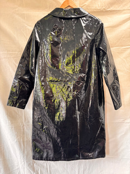 Back view of 1960s Mary Quant Black PVC Vinyl Raincoat | Mod Vintage Coat
