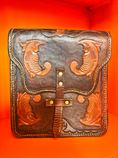1970s Handcrafted Leather Satchel | Artisan Fish Motif Belt Bag