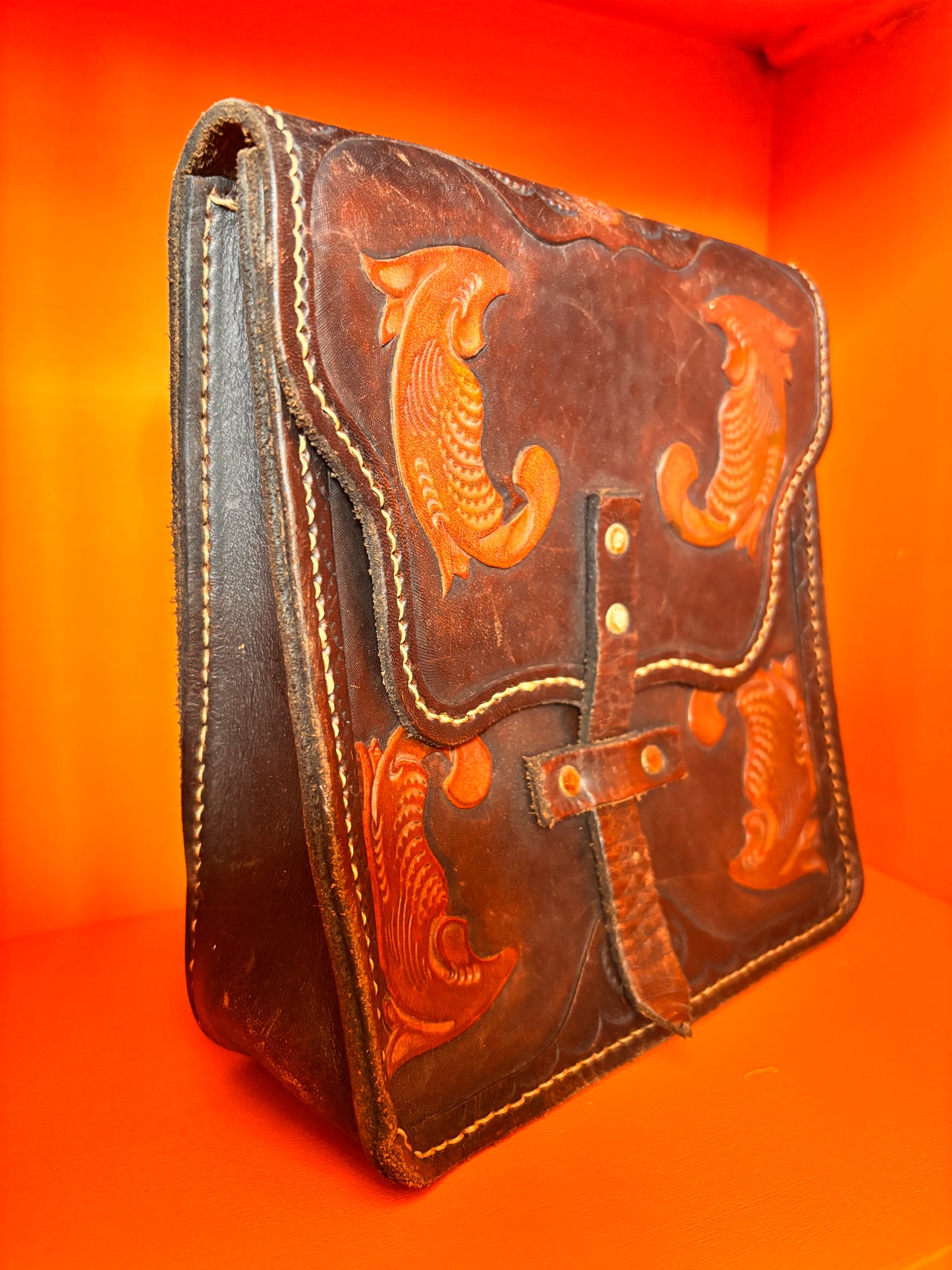 1970s Handcrafted Leather Satchel | Artisan Fish Motif Belt Bag