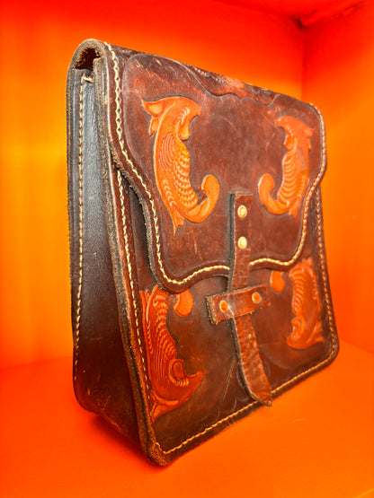 1970s Handcrafted Leather Satchel | Artisan Fish Motif Belt Bag