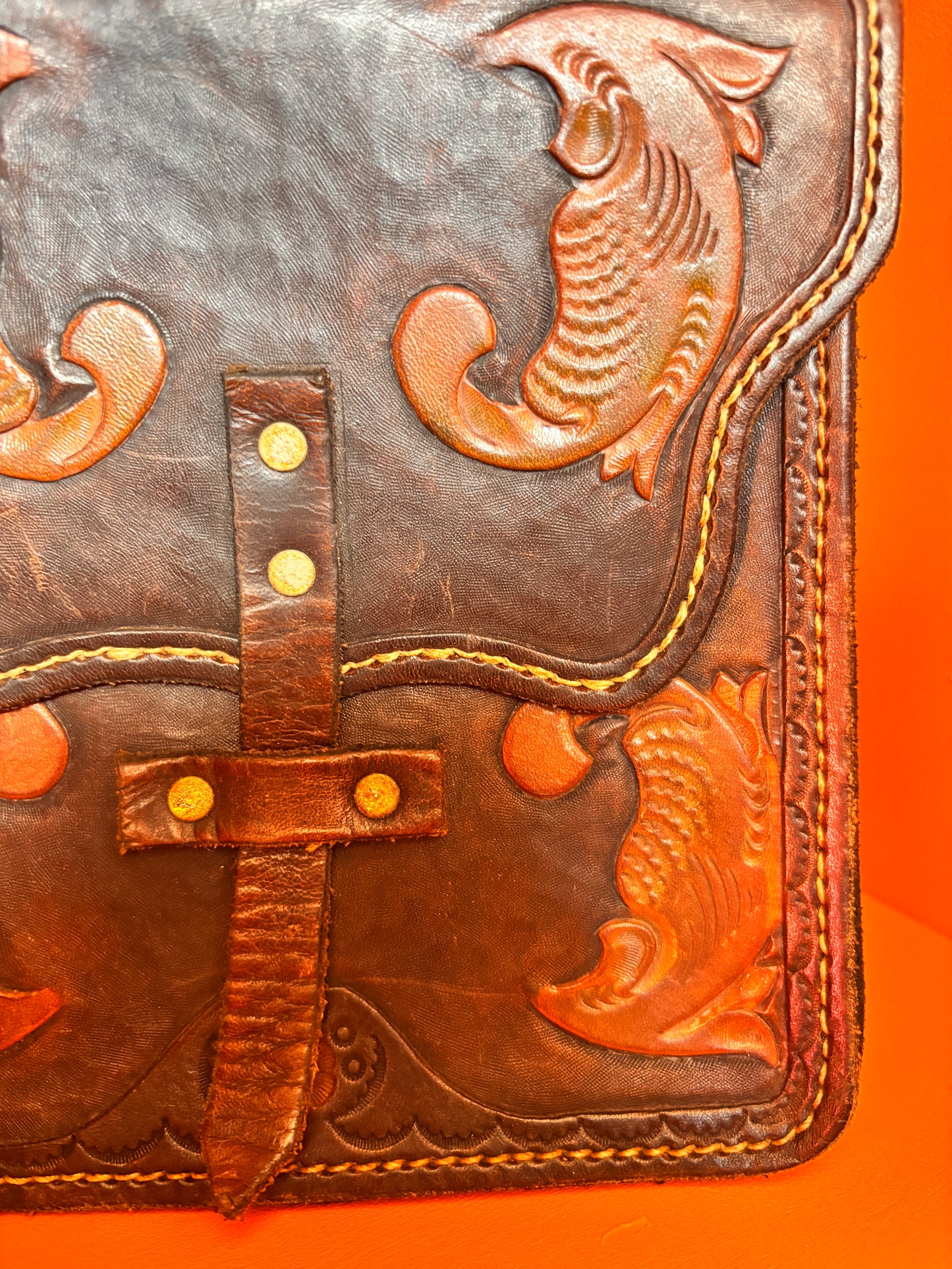 1970s Handcrafted Leather Satchel | Artisan Fish Motif Belt Bag