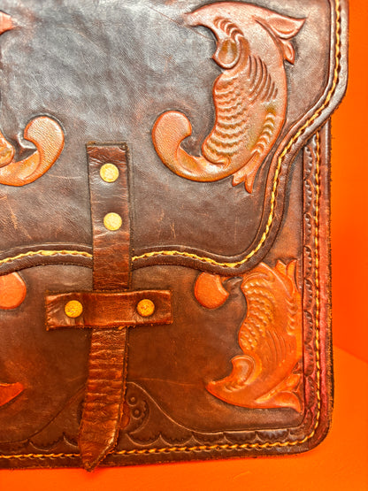 1970s Handcrafted Leather Satchel | Artisan Fish Motif Belt Bag