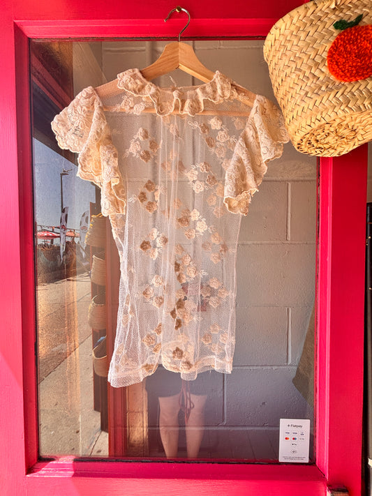 1990s Sheer Floral Embroidered Mesh Top | Romantic Lace Ruffle Blouse