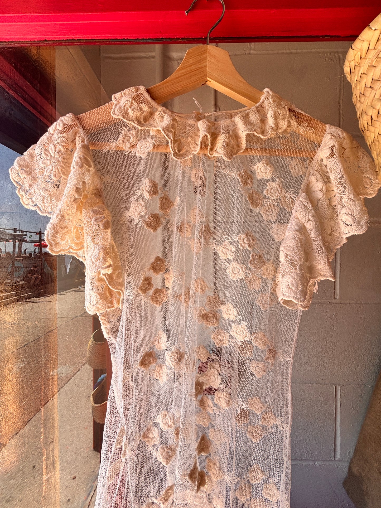 1990s Sheer Floral Embroidered Mesh Top | Romantic Lace Ruffle Blouse