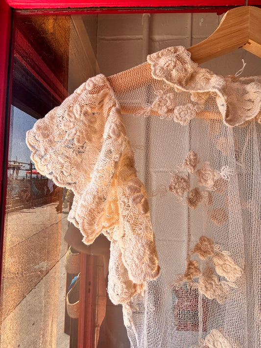 1990s Sheer Floral Embroidered Mesh Top | Romantic Lace Ruffle Blouse