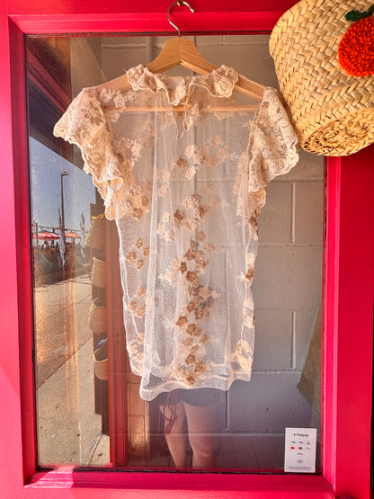 1990s Sheer Floral Embroidered Mesh Top | Romantic Lace Ruffle Blouse