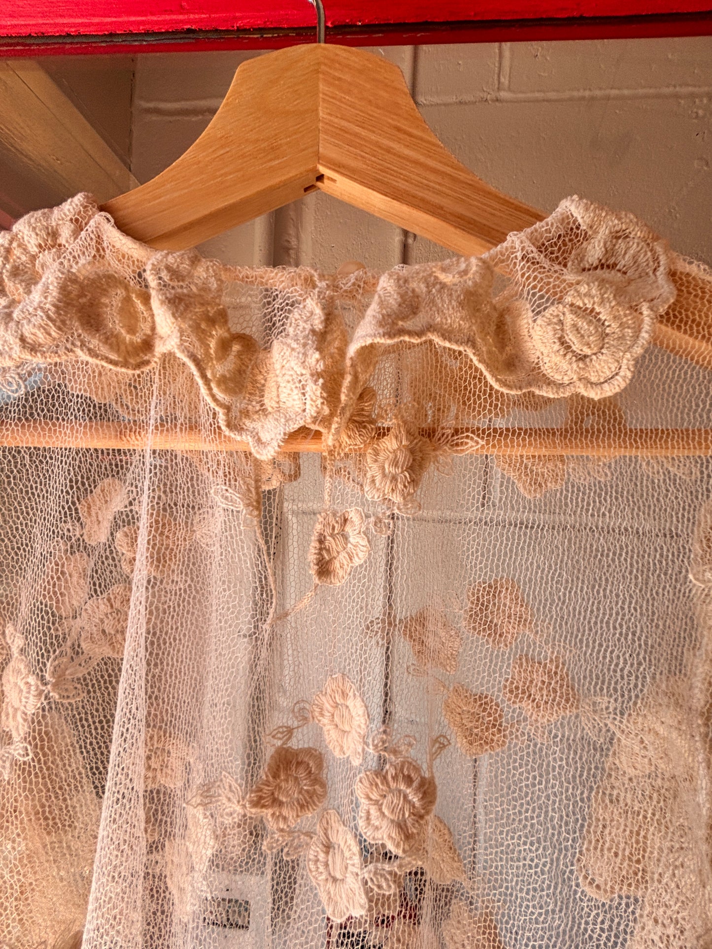 1990s Sheer Floral Embroidered Mesh Top | Romantic Lace Ruffle Blouse