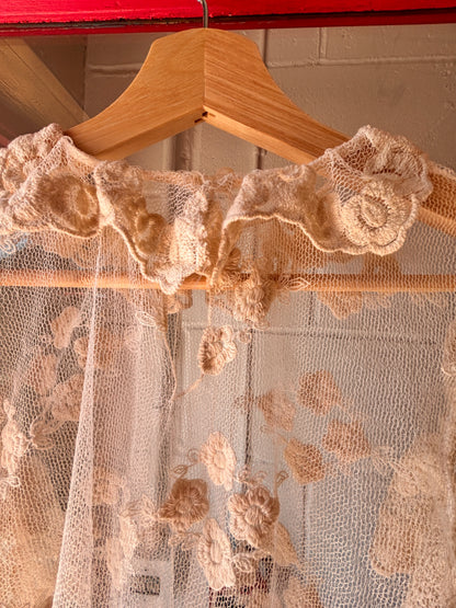 1990s Sheer Floral Embroidered Mesh Top | Romantic Lace Ruffle Blouse