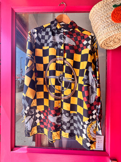 Vintage Mulberry Silk Motorsport Print Shirt