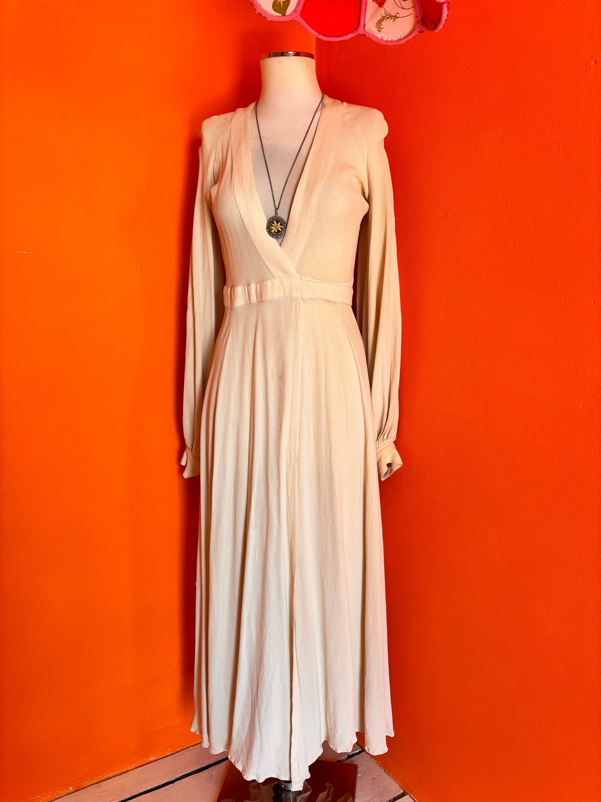 Full front view of Cream moss crepe Ossie Clark Cuddly Dress