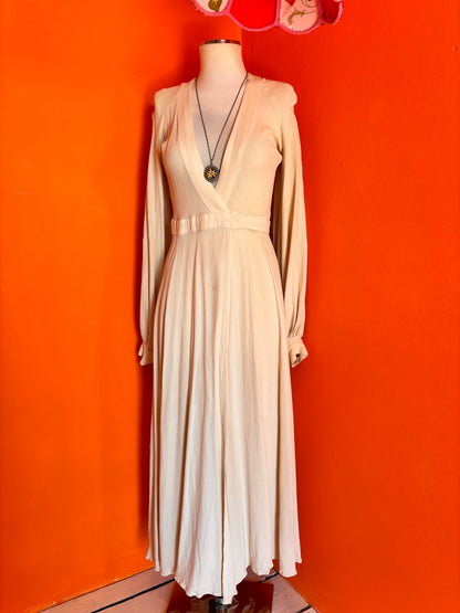 Full front view of Cream moss crepe Ossie Clark Cuddly Dress