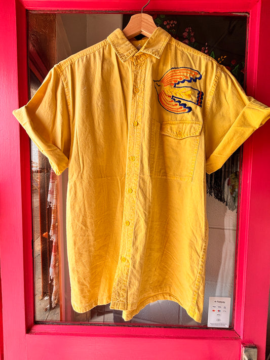 Yellow Hand Embroidered Folk Bird Shirt | One-of-a-Kind Upcycled Vintage Shirt