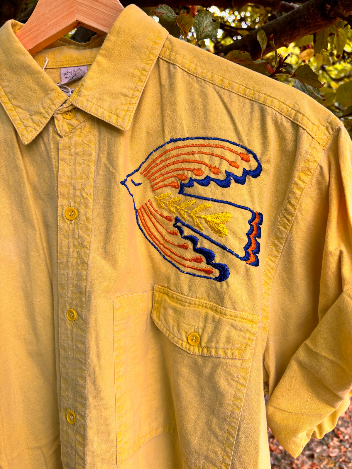 Yellow Hand Embroidered Folk Bird Shirt | One-of-a-Kind Upcycled Vintage Shirt