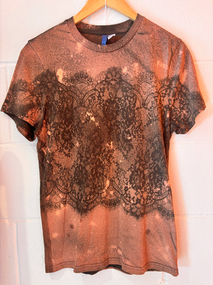 Hand Bleached Lace Print T-Shirt | Rust & Black
