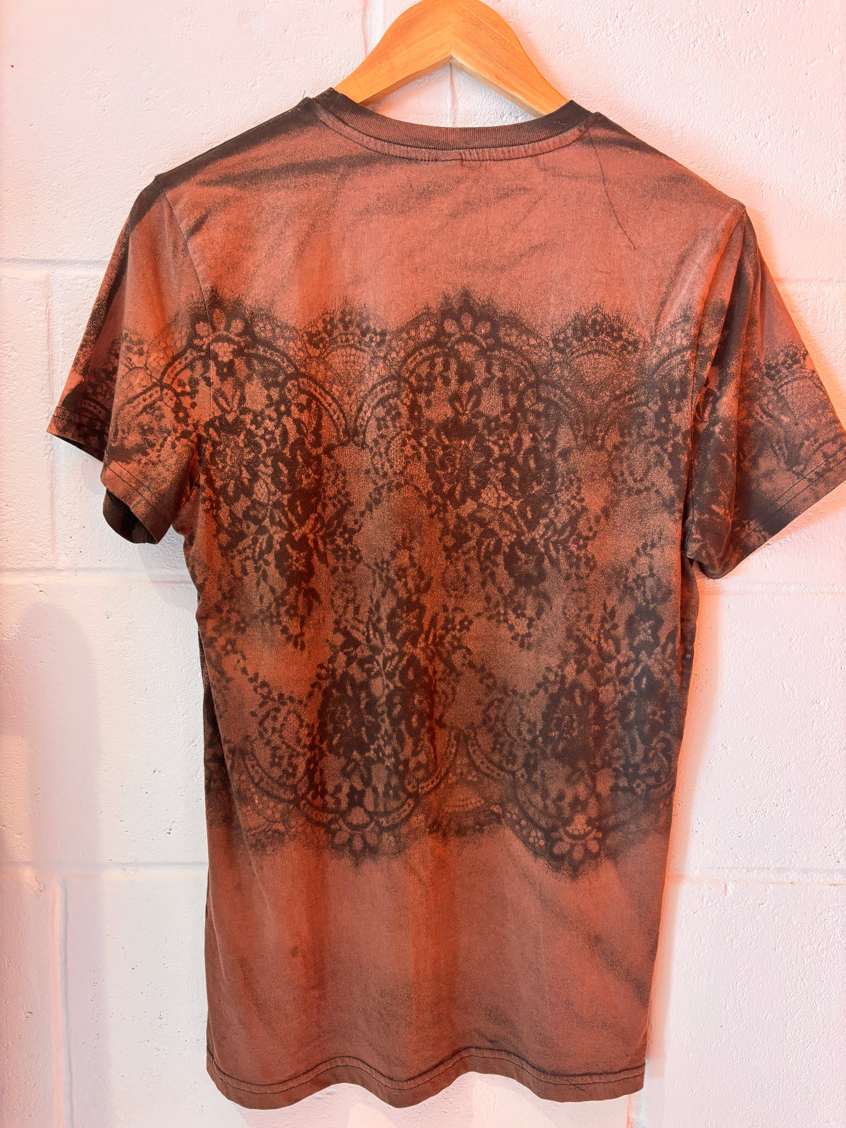 Hand Bleached Lace Print T-Shirt | Rust & Black