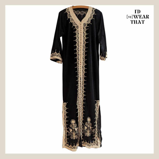 Front view of Vintage Black & Gold Embroidered Moroccan Kaftan