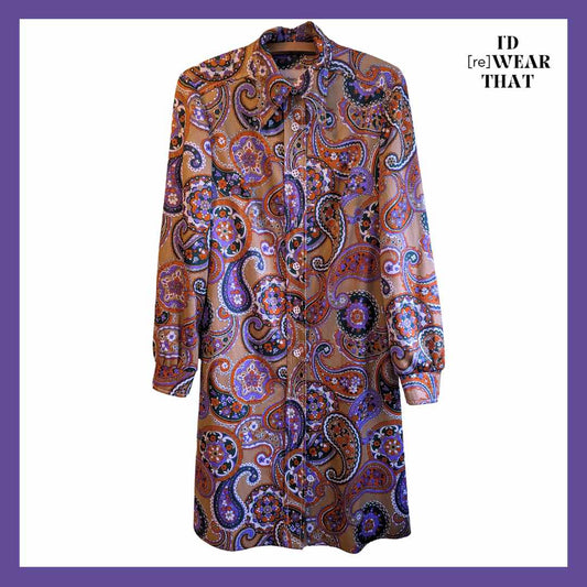 Front view of 1970s paisley shirt dress