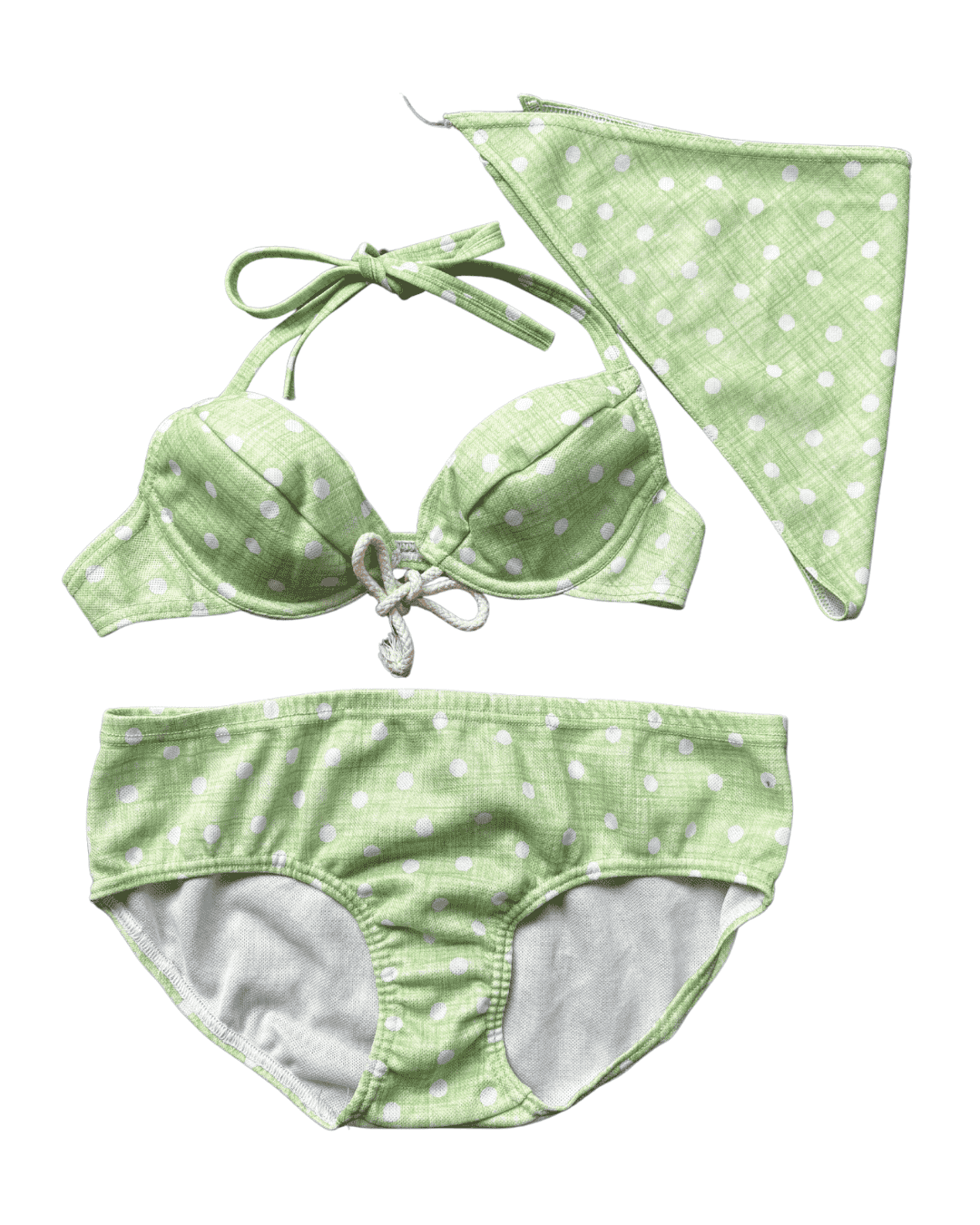 Vintage Gossard Green Polka Dot Bikini Set – 3 Piece with Matching Headscarf (34A)