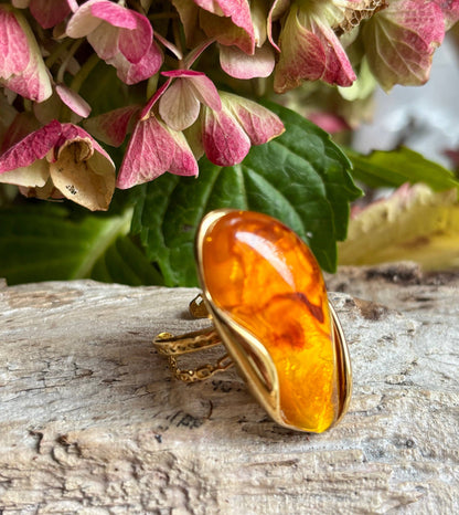 18ct Gold Plated Amber Resin Statement Ring