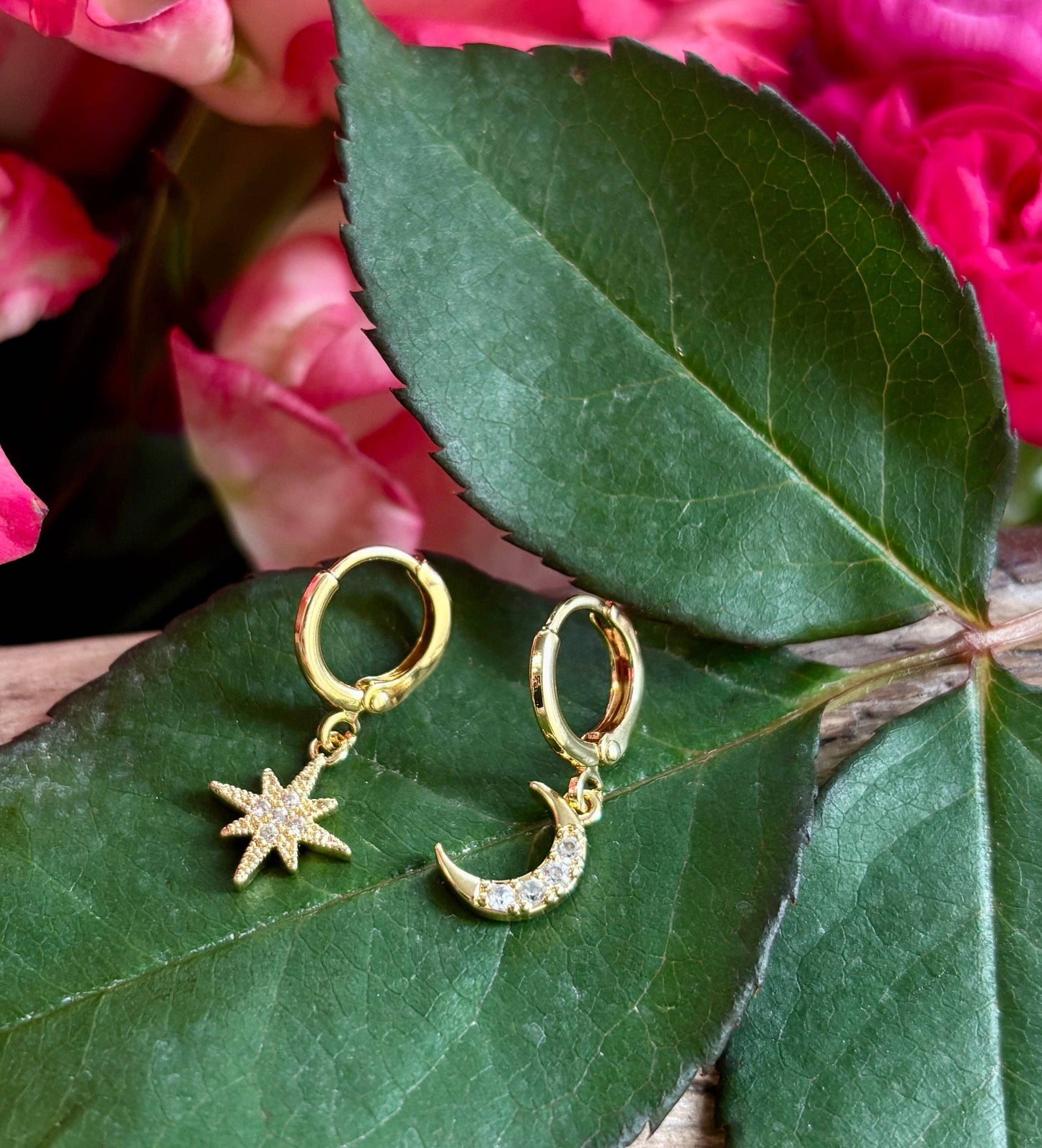 14ct Gold Plated Mismatched Cubic Zirconia Star And Moon Huggie Earrings